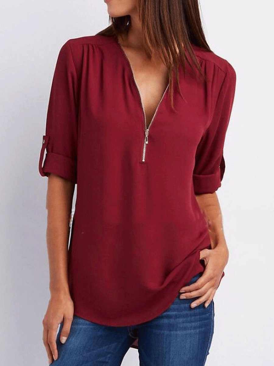 V-Neck  Zips  Plain  Roll-Up Sleeve  Long Sleeve Blouses