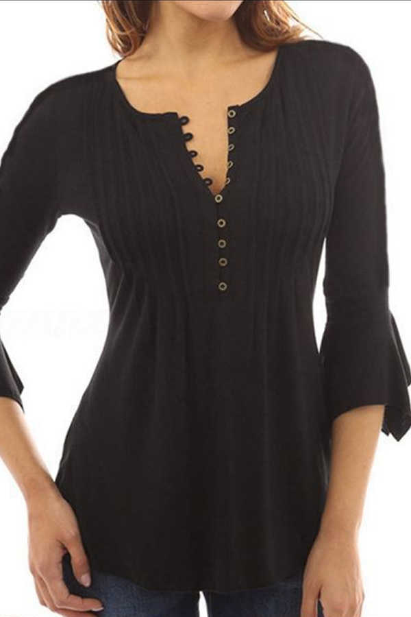 Rundhals Einreiher Plain Bell Sleeve Blusen