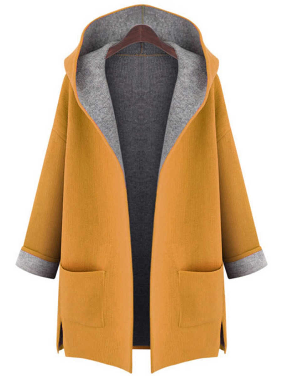 Hooded Patch Pocket Woolen Color Block Coat