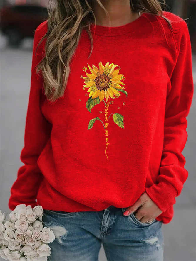Casual sunflower print crew neck sweatshirt