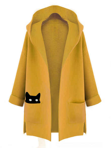 Cat Hooded Patch Pocket Woolen Coat