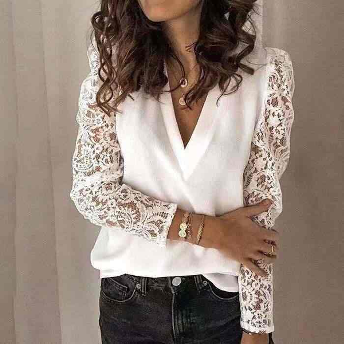 V Neck Lace Sleeve Casual Blouse